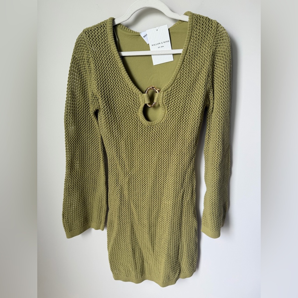 Olive Green Knit long sleeve mini Dress with gold Ring Detail
